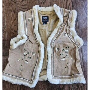Vtg Y2K Helium Outerwear Leather Vest, Embroidered Flowers Faux Fur Lined Size L